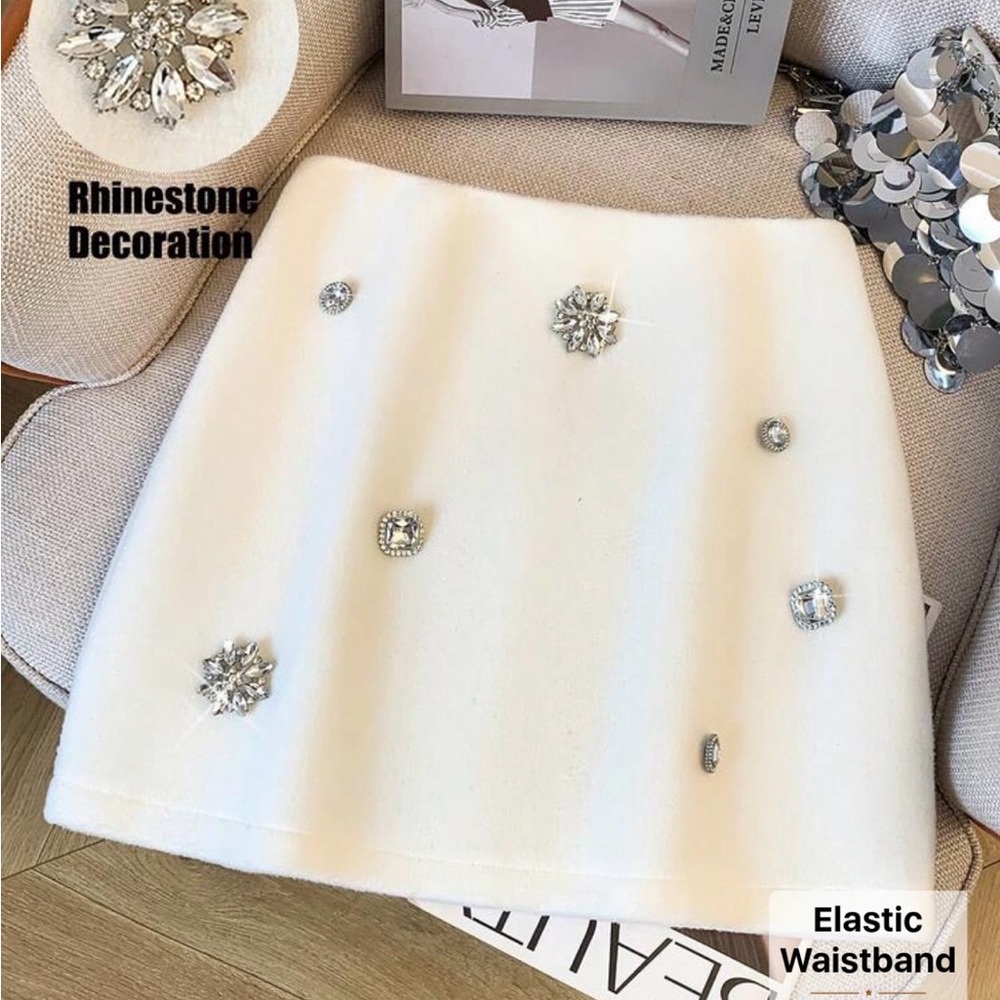 SHEIN White Mini Skirt with Rhinestone Accents